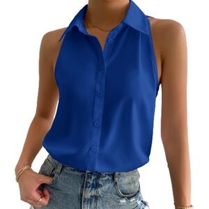 Blue Sheer Button-Up Sleeveless Top